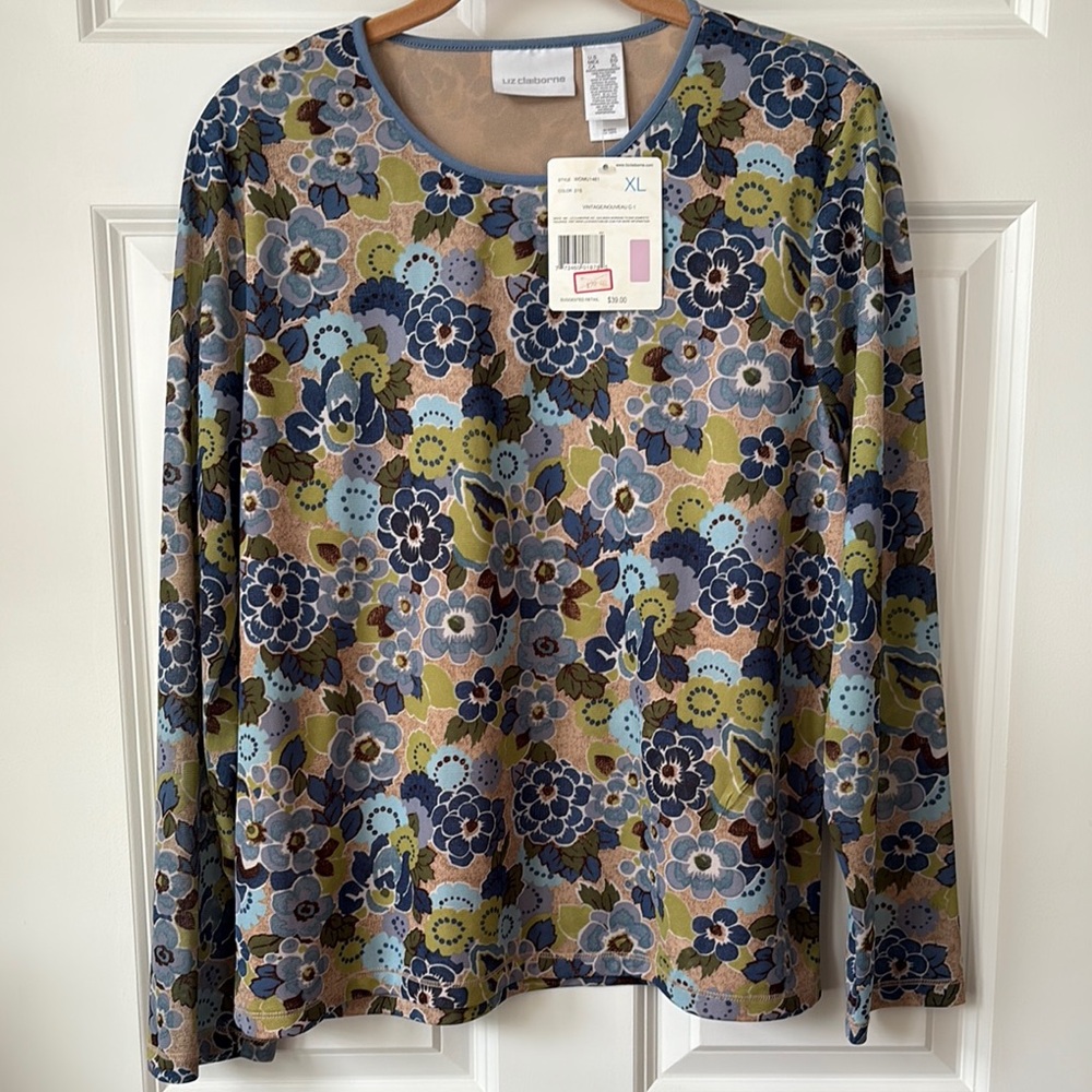 Liz Claiborne blue, green and tan floral Long Sleeve Top size XL